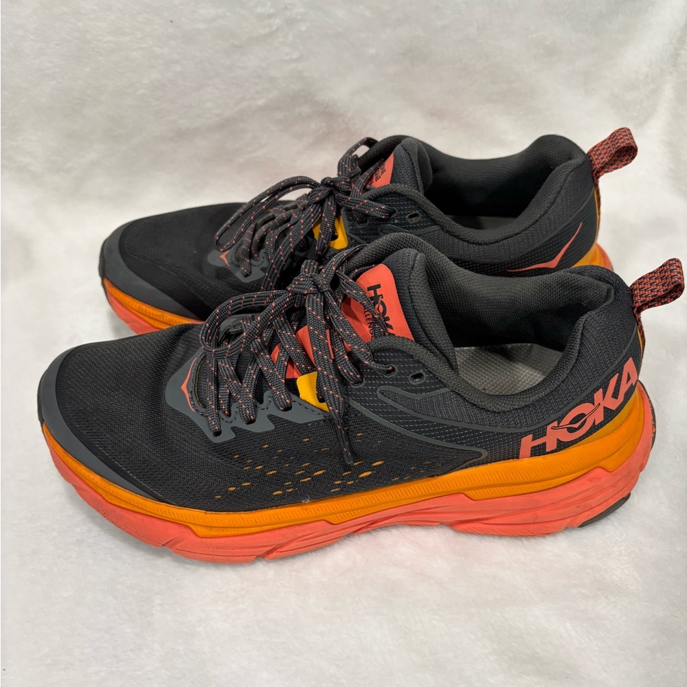 Hoka Charcoal and Tangerine Shoes